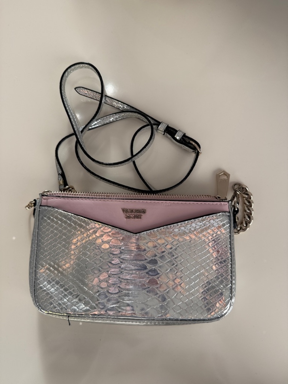 Victoria's Secret Iridescent Silver Crossbody with Pink Trim